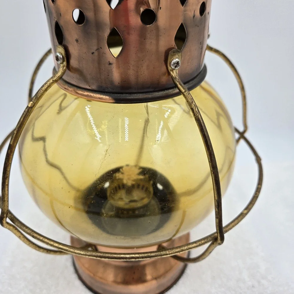 Vintage Copper Hanging Kerosene Oil Lamp Orange Amber Glass Globe Sea World